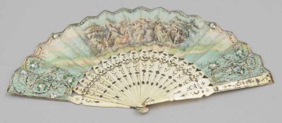 Fächer Frankreich, 19. Jahrhundert. Elfenbein. Papier, lithografiert. H. 27 cm. - Zustand: Kl.