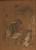 Joseph Magnus Stäck 1812 Lund -1868 Stockholm - Interieur mit einem Mann und Hund am Feuer -