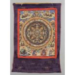 Thangka Nepal/Tibet, 19. Jahrhundert. Gouache/Leinen. Seidenbrokat. 65 x 50 cm. 94 x 70 cm. Rundes