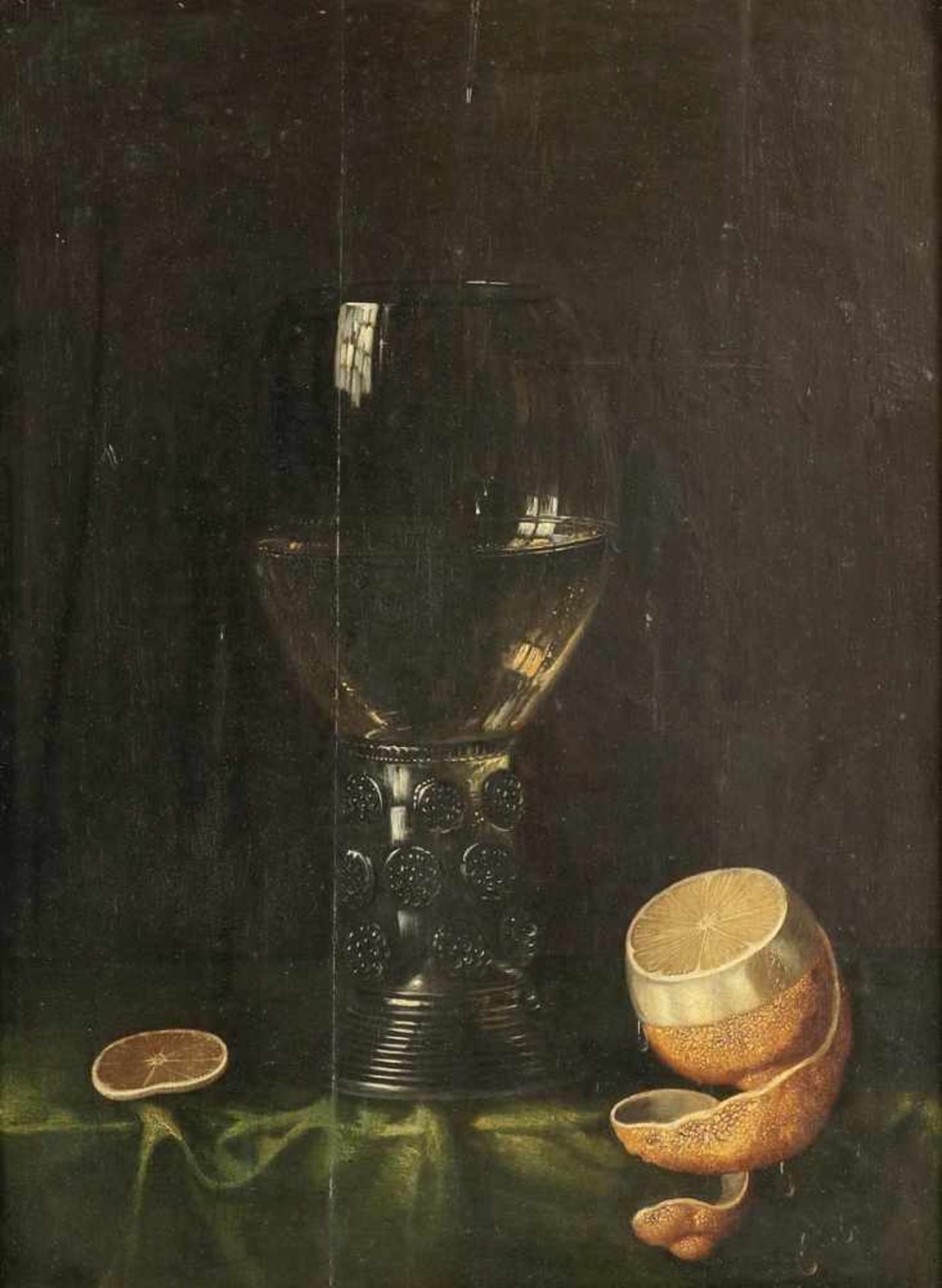 Künstler des 17. Jahrhunderts - Stillleben mit Römer und Zitrone - Öl/Holz. 42 x 31,5 cm. Rahmen. Es
