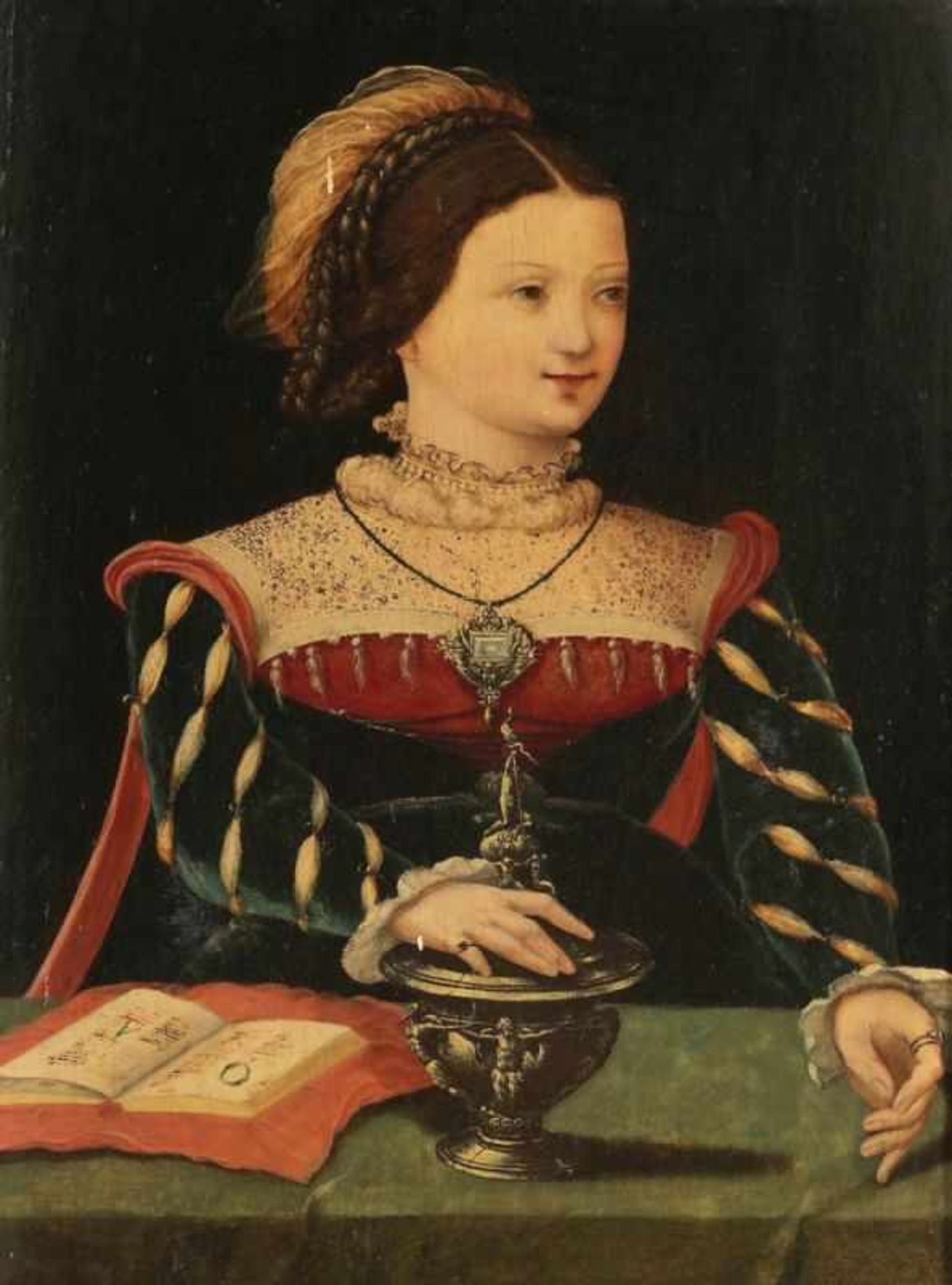 Porträtist des 16. Jahrhunderts - Porträt einer jungen Adligen - Öl/ Holz. 43 x 33 cm. Rahmen. Rest.