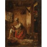 Künstler um 1800 - Zwei Frauen werden im Stroh überrascht - Öl/Holz. 20,5 x 16 cm. Rahmen.