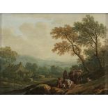 Johann Christian Brand 1722 - Wien - 1795 - Landschaft mit Bauern - Öl/Papier/Holz. 17 x 23 cm.