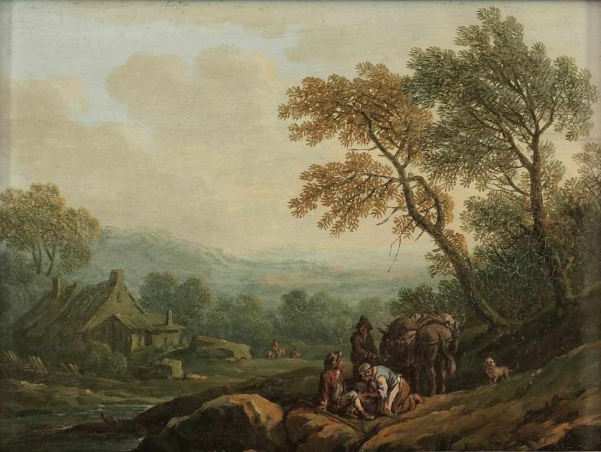 Johann Christian Brand 1722 - Wien - 1795 - Landschaft mit Bauern - Öl/Papier/Holz. 17 x 23 cm.