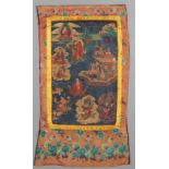 Thangka Nepal/Tibet, 19. Jahrhundert. Gouache/Leinen. Seidenbrokat. 73,5 x 45 cm. 114 x 68 cm.