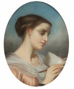 Künstler des 19. Jahrhunderts - Porträt einer jungen Dame mit Buch - Pastell/Papier/Lwd. Im Oval: