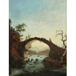 Künstler des 19. Jahrhunderts - Romantische Flusslandschaft mit Brücke - Öl/Holz. 40 x 32 cm.