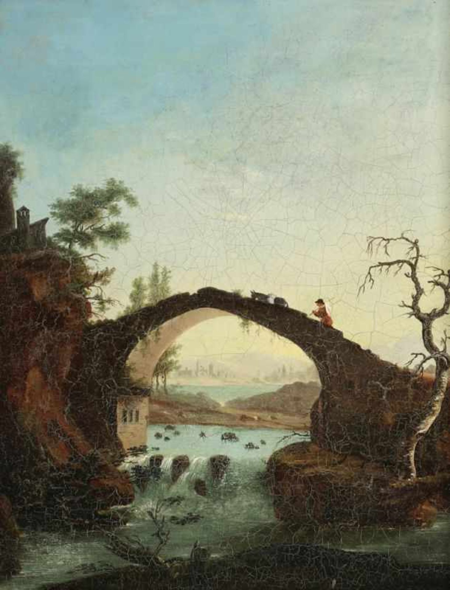 Künstler des 19. Jahrhunderts - Romantische Flusslandschaft mit Brücke - Öl/Holz. 40 x 32 cm.