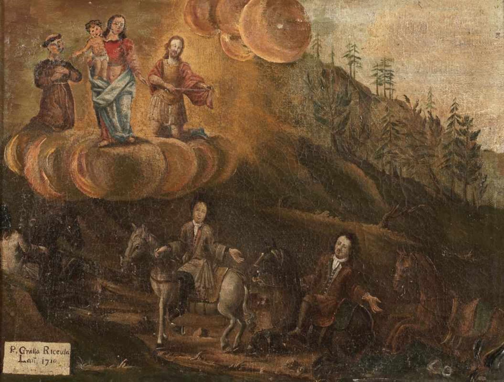 Künstler des 18. Jahrhunderts - Muttergottes erscheint drei Reitern - Öl/Holz. 45 x 52 cm. Bez. u.
