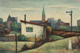 Walter Kohlhoff 1906 Berlin - 1981 Berlin - Weiße Laube am Bahndamm - Öl/Hartfaser. 61 x 90,5 cm.