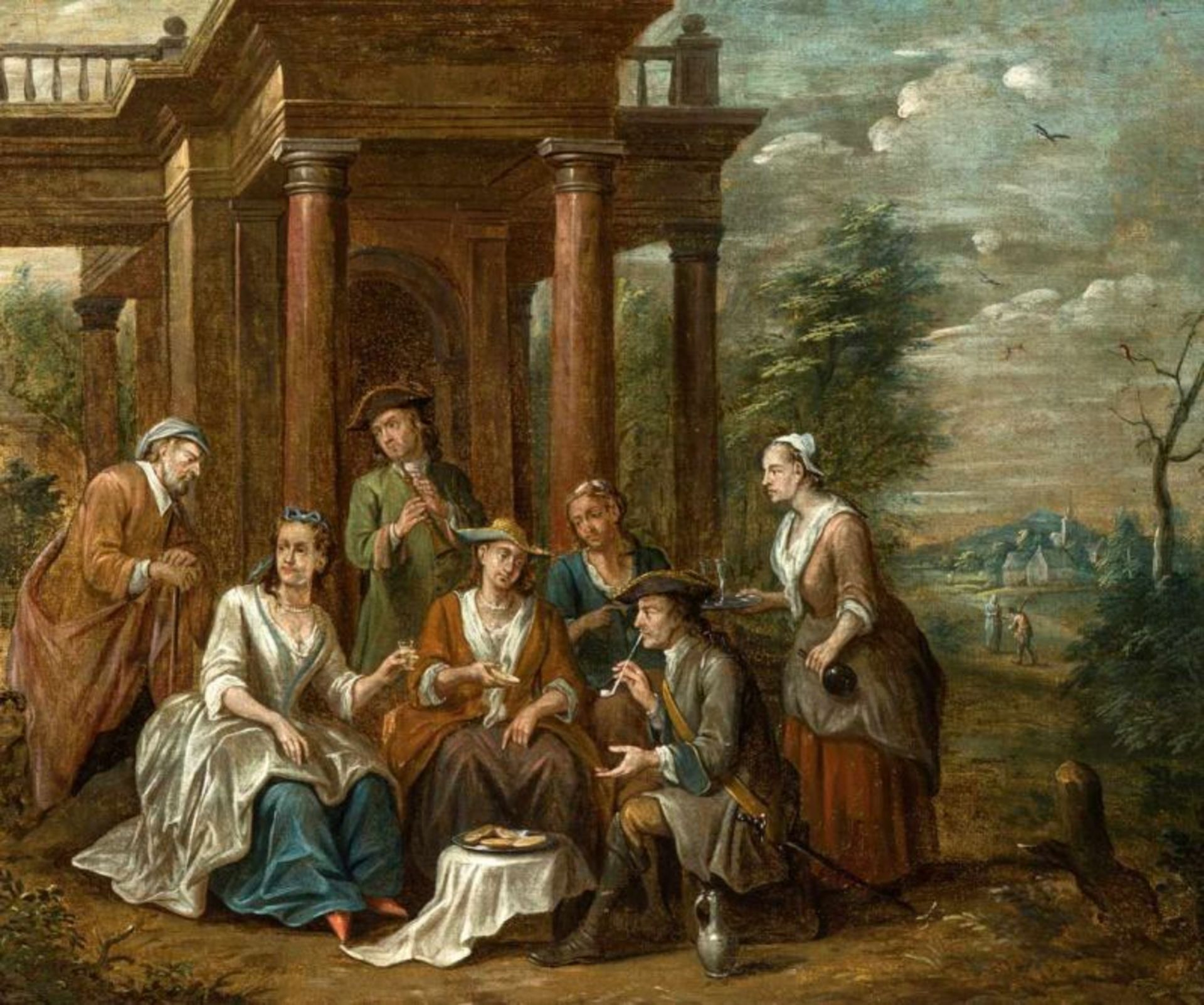 Niederländischer Meister Um 1700.Festgesellschaft vor der Stadt. Öl auf Leinwand. Unsign. Verso