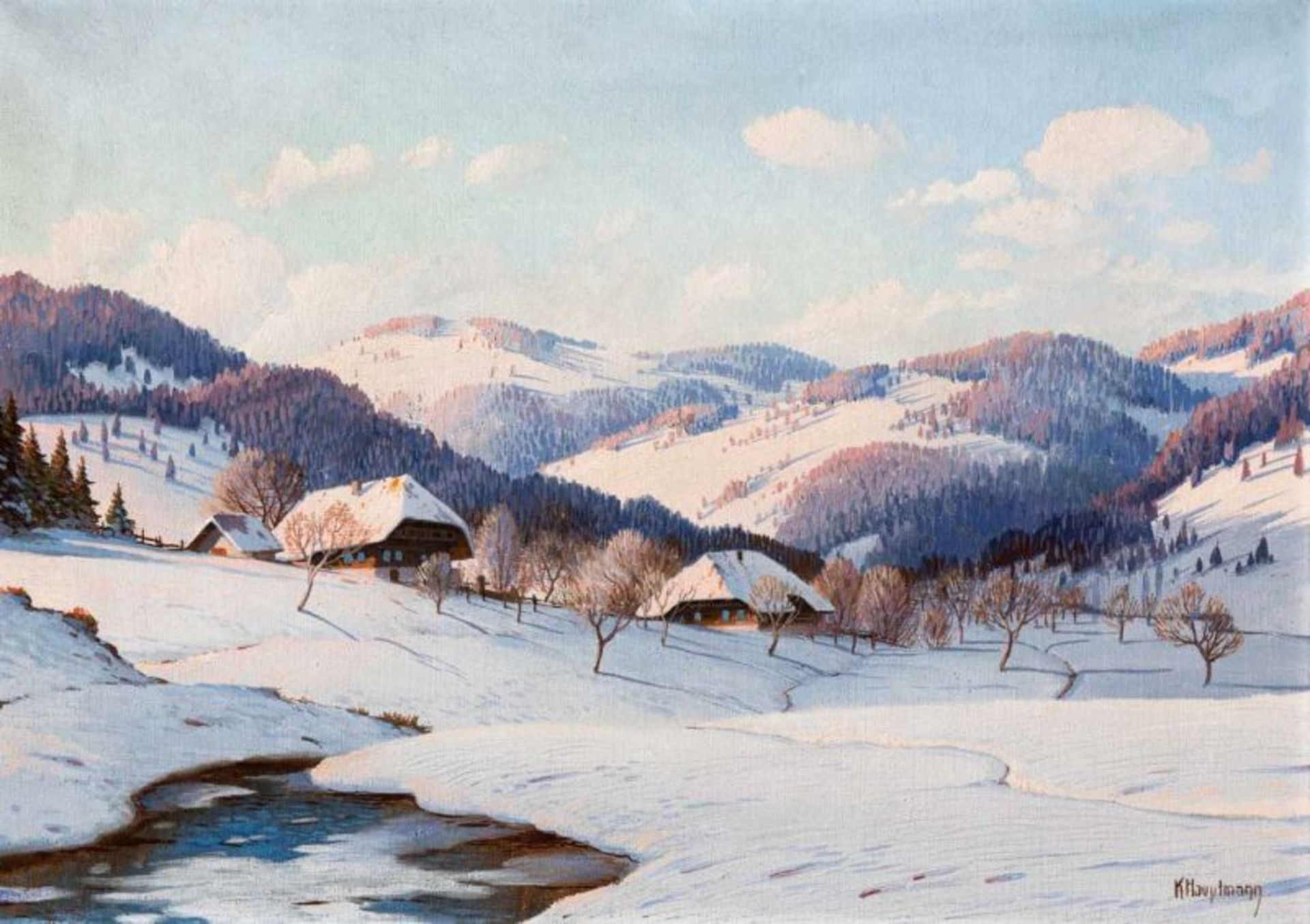 Hauptmann, Karl 1880 Freiburg i.Br. - 1947 Todtnau.Schwarzwaldhöfe in sonniger Winterlandschaft