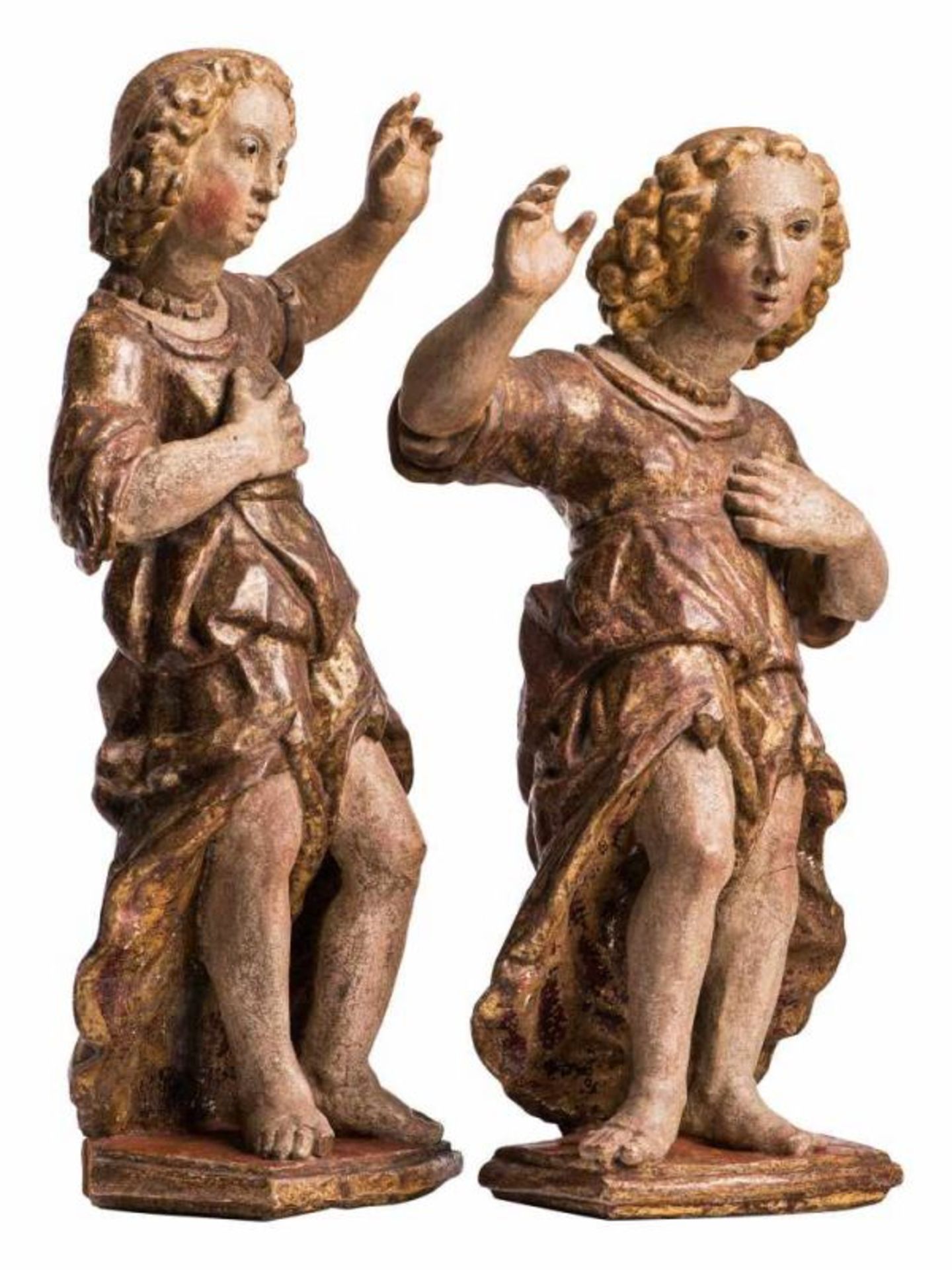 Paar Altarfiguren in goldenem Gewand Wohl Schweiz 18./19. Jh. Holz, vollrund geschnitzt, polychrom - Bild 2 aus 2