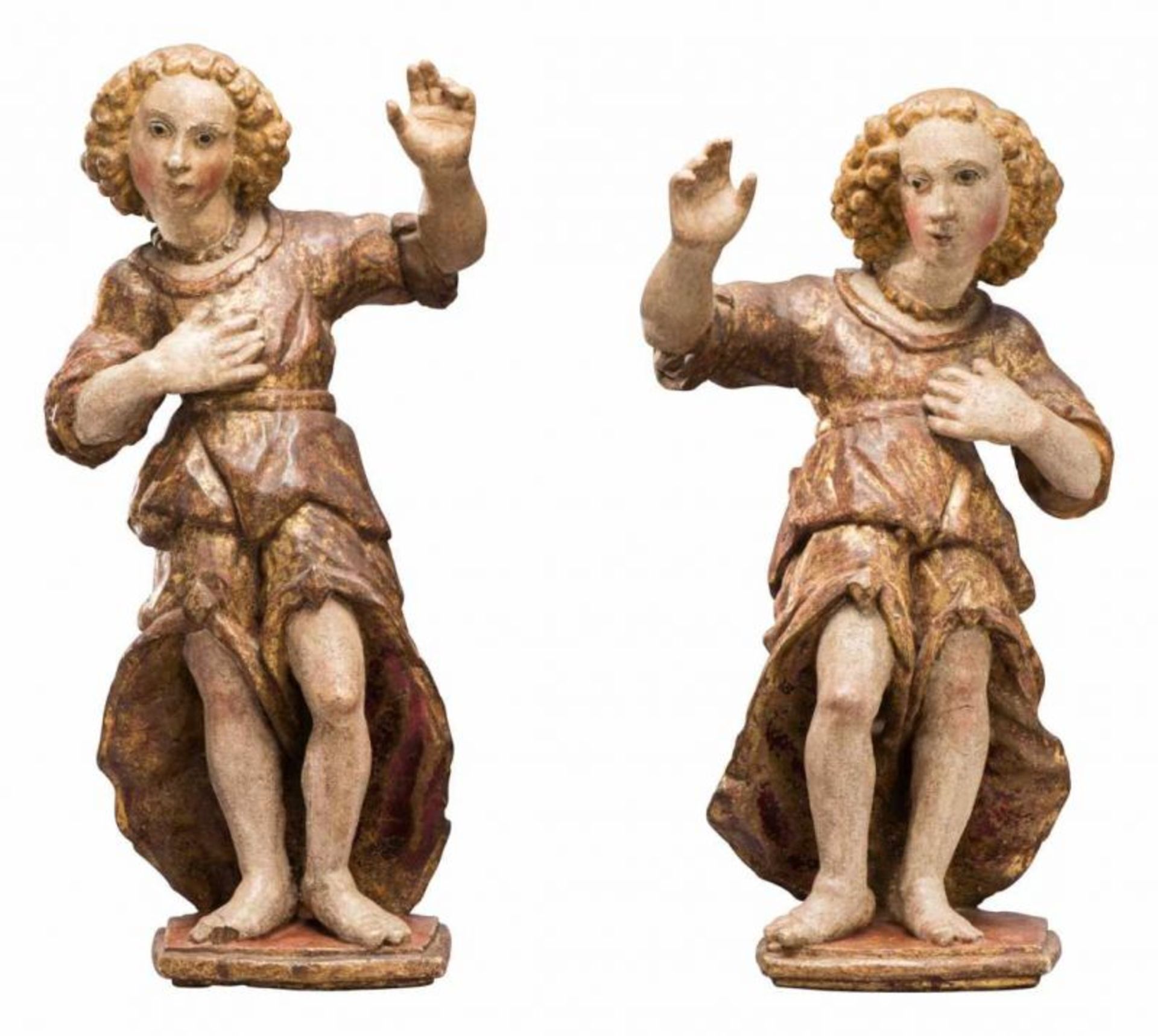 Paar Altarfiguren in goldenem Gewand Wohl Schweiz 18./19. Jh. Holz, vollrund geschnitzt, polychrom