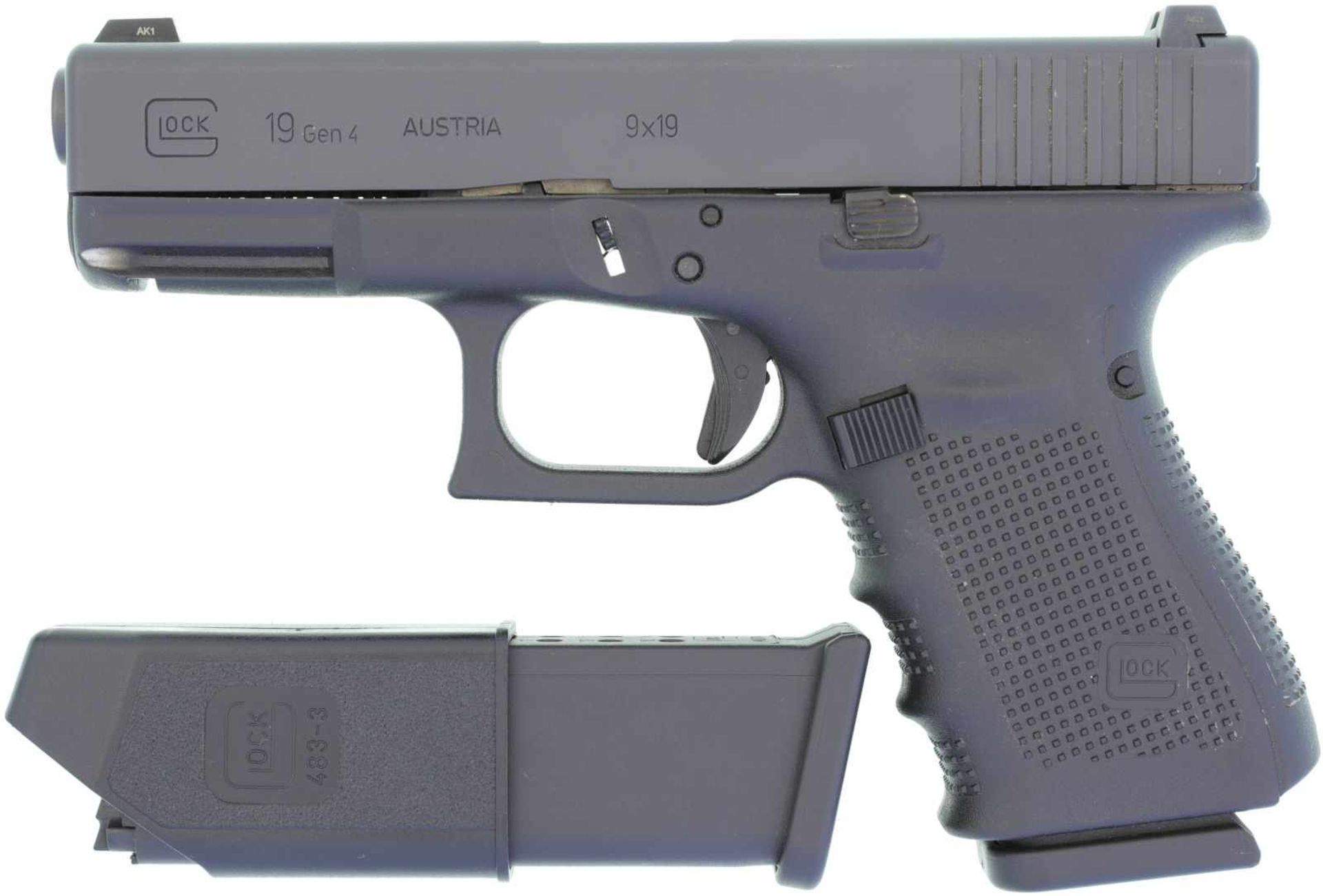 Pistole, Glock 19 Gen 4, Kal. 9mmP@ Polymergriffstück, Safe-action-Abzug, Tritiumvisierung, Kimme