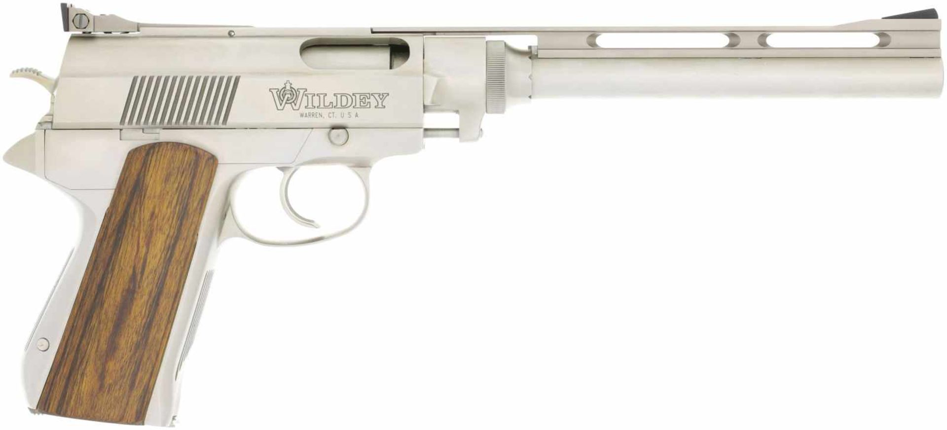 Pistole, Wildey, Kal. 45WinMag@ LL 10", polierte Stainless-Steel-Waffe, DA-Abzug, Gasdrucklader.