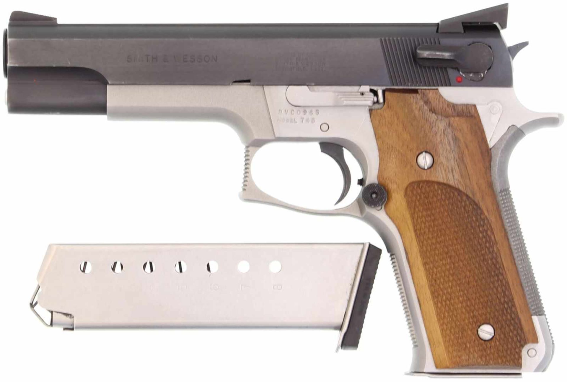 Pistole, S&W Mod. 745, Kal. .45ACP. LL 5", TL 220mm, Griffstück Stainless Steel, Seiten