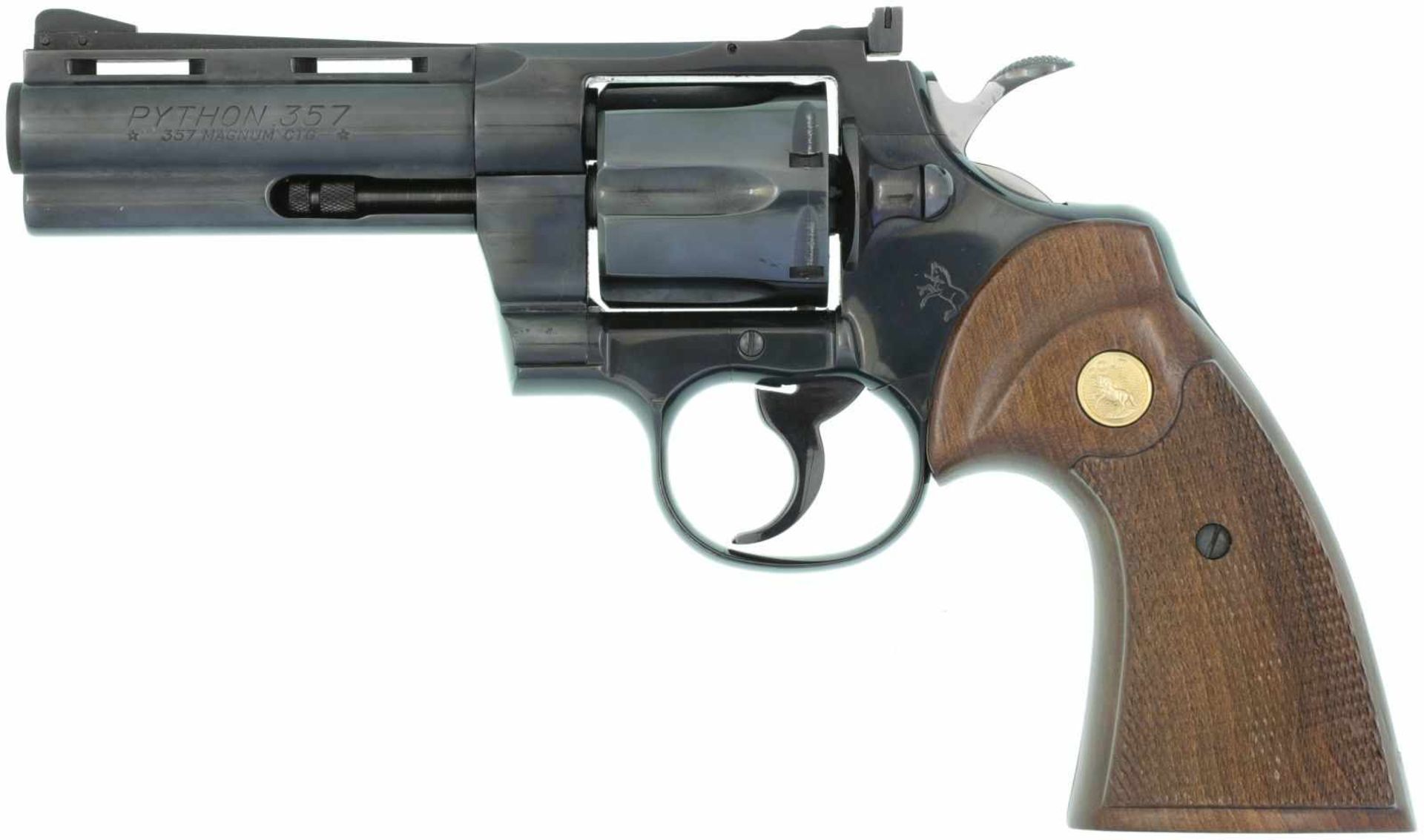 Revolver, Colt Python, Kal. 357Mag@ LL 4", hochglanzpolierte, brünierte Ganzstahlwaffe mit DA-Abzug.