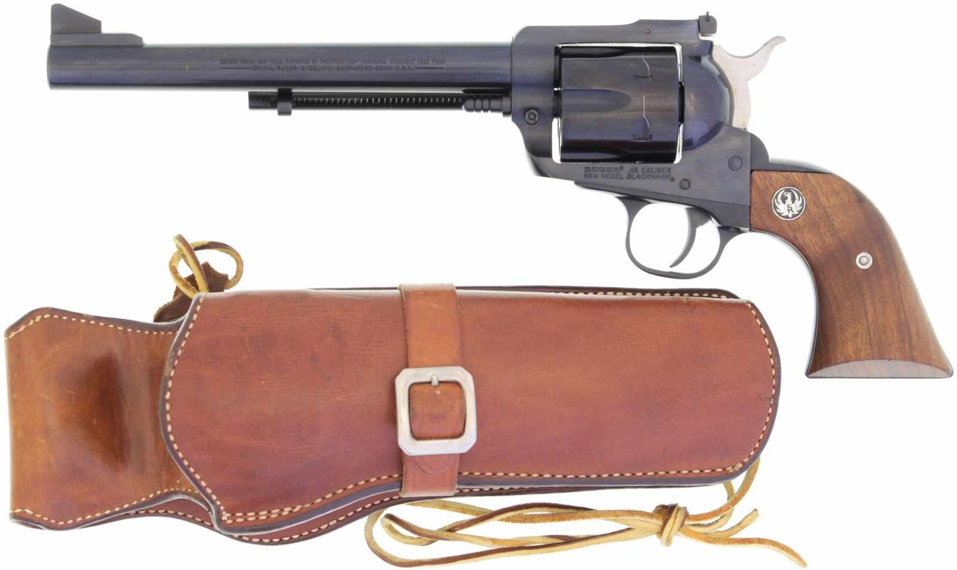 Revolver, Ruger New Model Blackhawk, Kal. .45LC@ LL 7 1/2", brünierte Ganzstahlwaffe mit SA-Abzug.