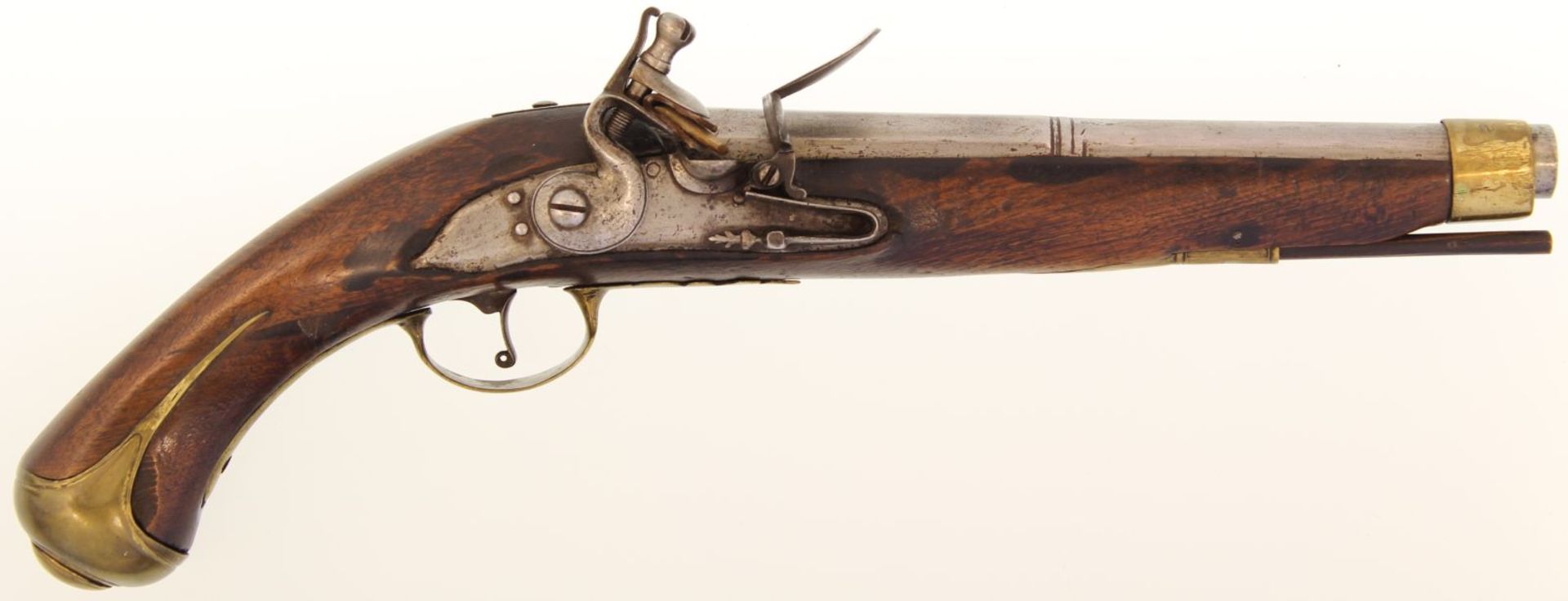 Steinschlosspistole, Deutsch, Kal. 17.8mm. 26cm-langer Achtkantlauf in rund übergehend, Suhler