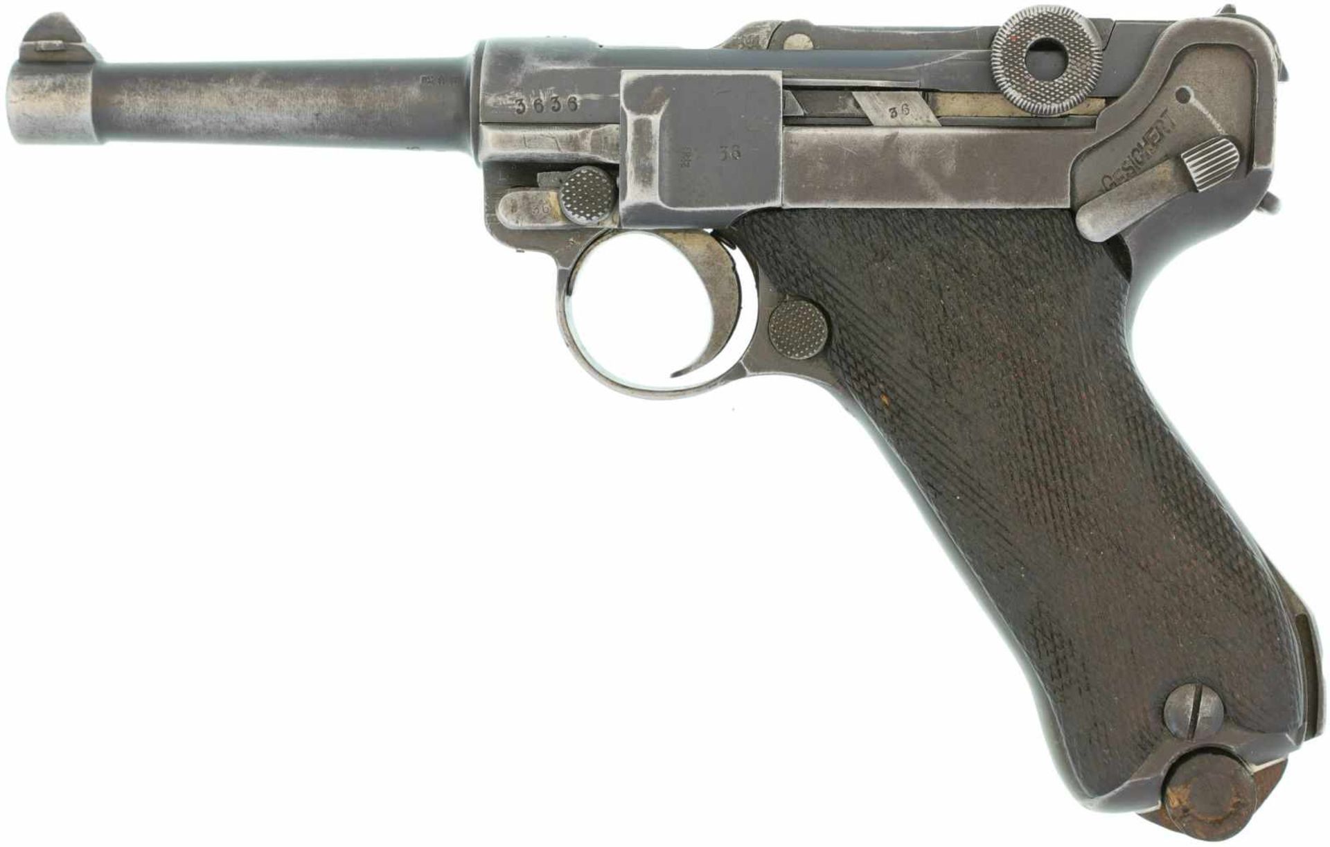 Pistole 08 Erfurt 1916, Kal.9mmPara@ Nummerngleiche Waffe, Originalbrünierung berieben, Kleinteile