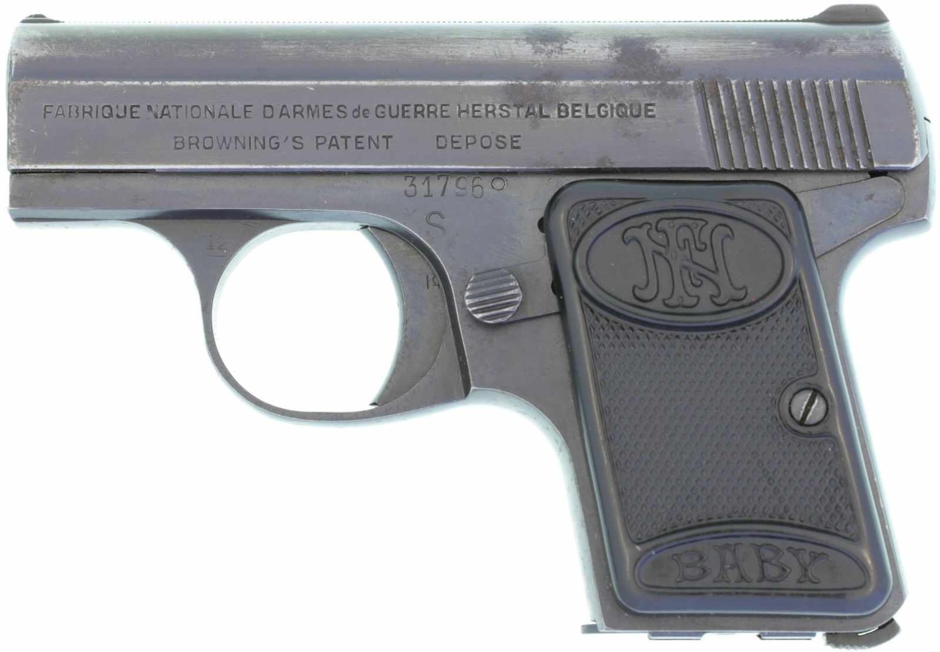 Taschenpistole, FN-Baby, Kal. 6.35mm@ Ganzstahlwaffe mit SA-Abzug. Totallänge 100mm, Höhe 70mm.