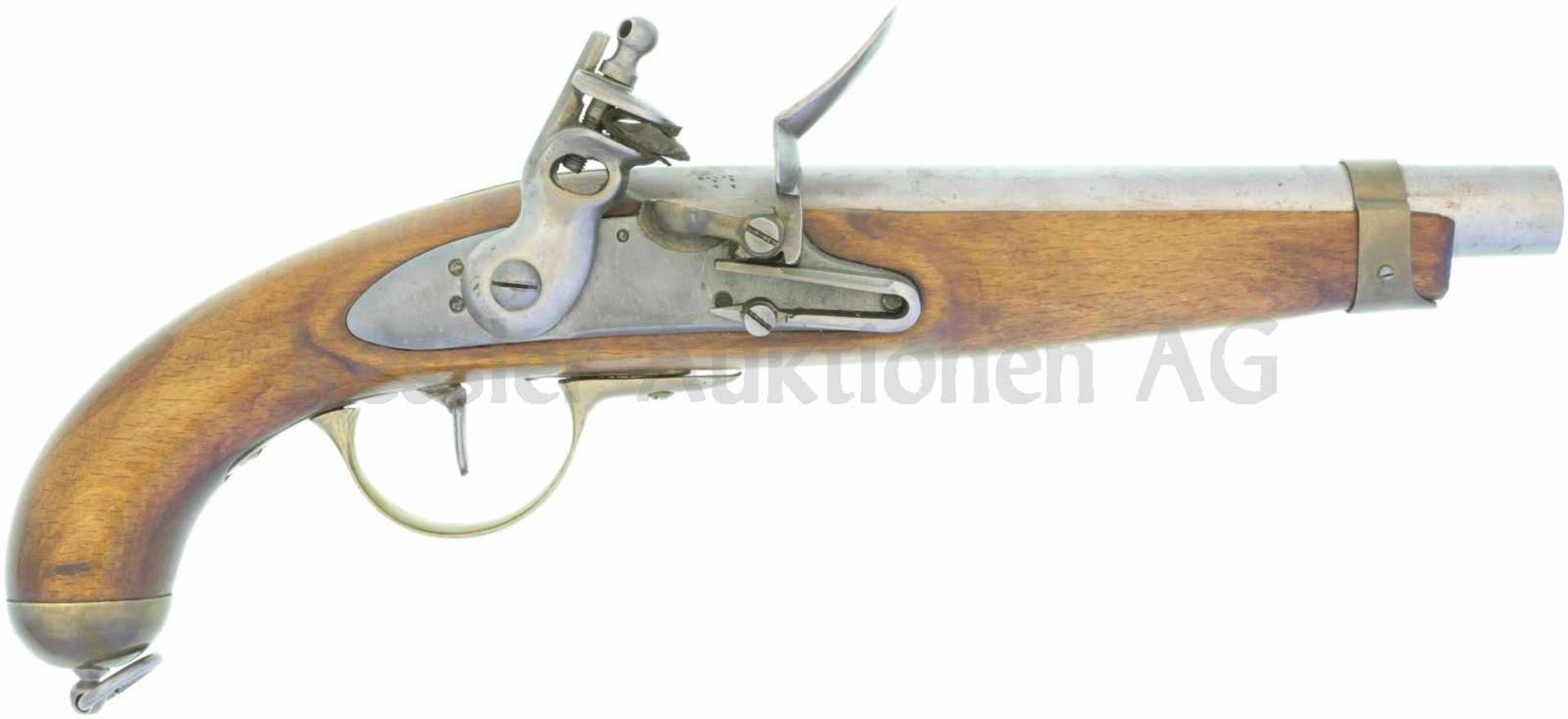 Steinschlosspistole, Replica, Kal. 22mm LL 260mm, TL 450mm, Hahn herzförmig durchbrochen,