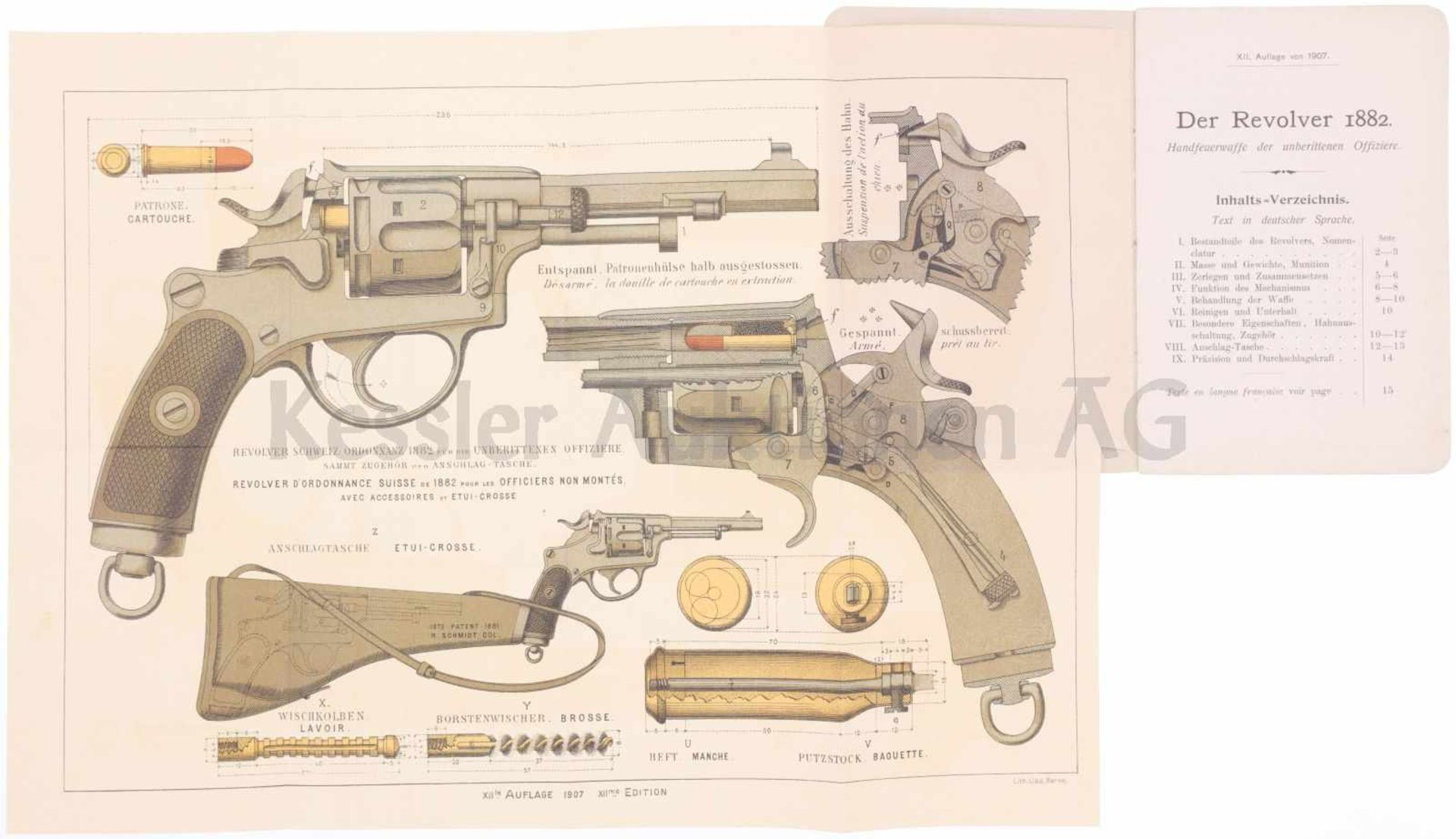 Reglement zum Revolver 1882 XII. Auflage von 1907, 28 Seiten, in deutsch und französisch. Auf der