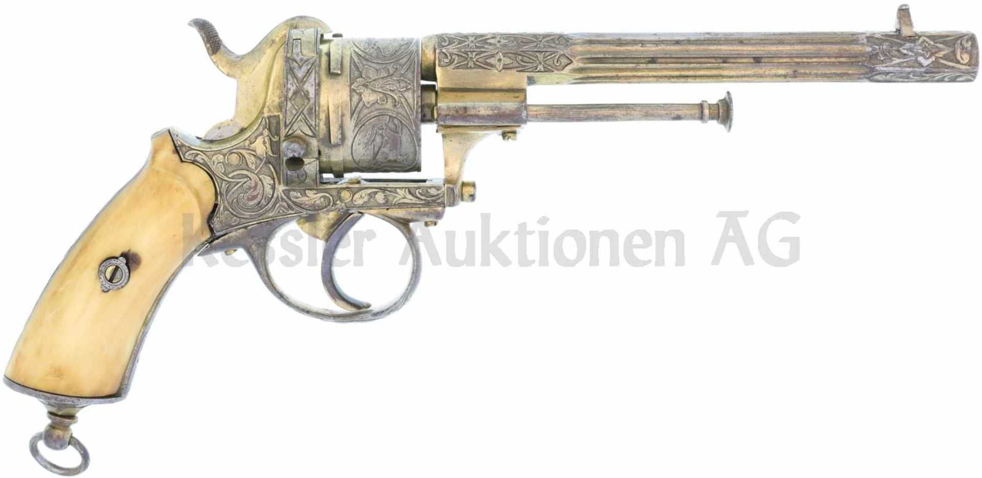 Lefaucheux-Revolver, 1866, Hersteller Eugene Lefaucheux, Liege, Kal. 9mm LL 150mm, TL 280mm, 16-fach