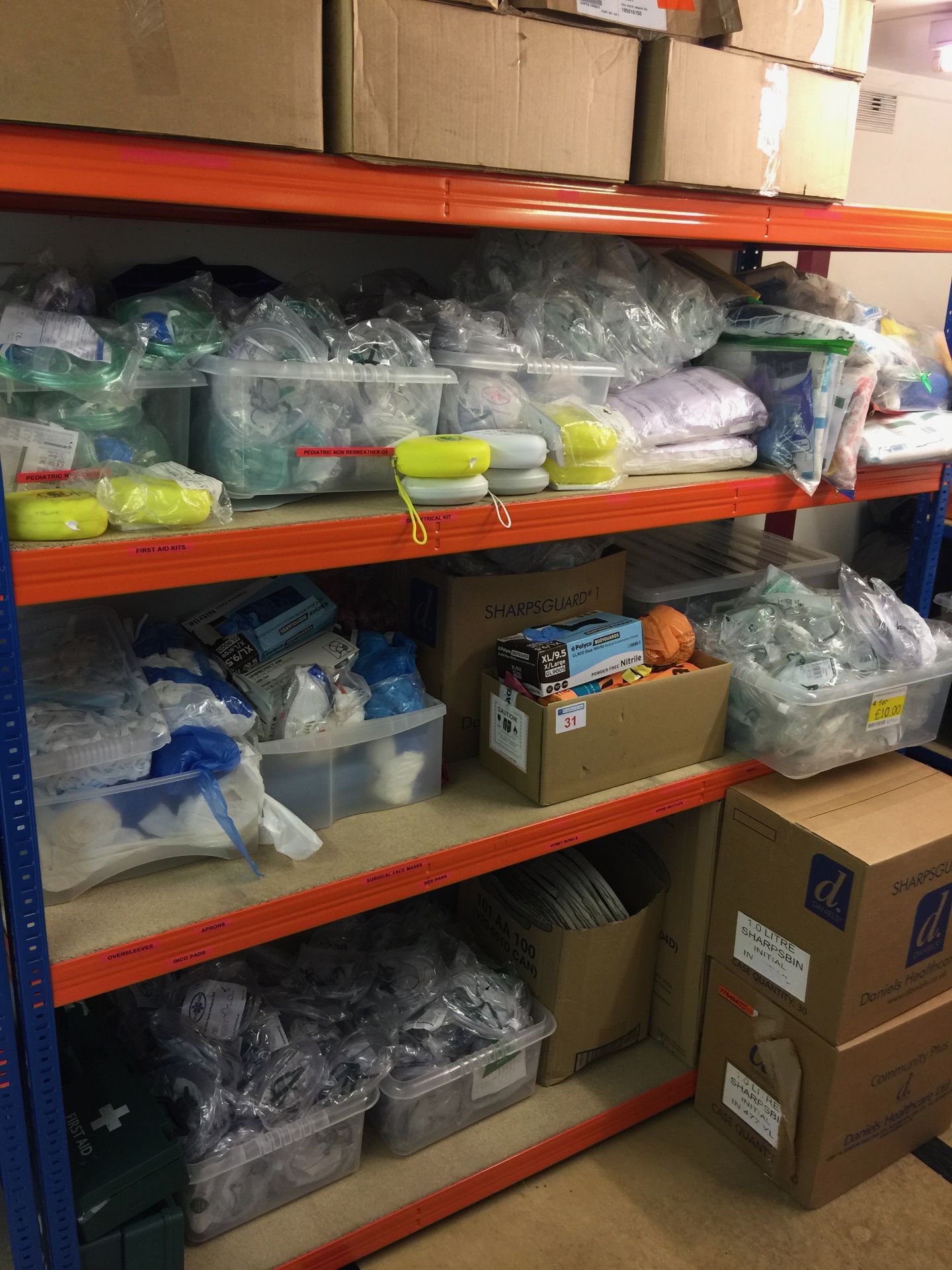 Large quantity of ambulance and medical consumables as lotted in two single bay racks and one pigeon