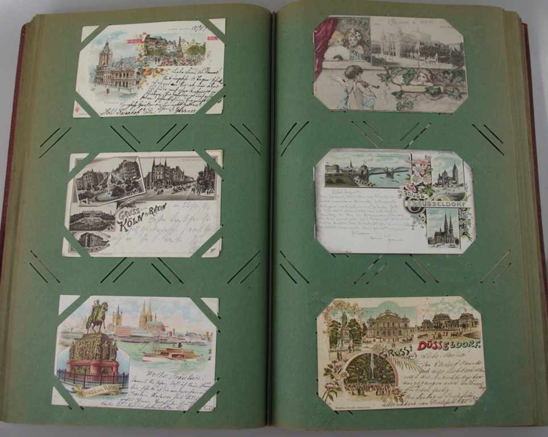 Jugendstil Postkarten-Album mit 390 Ansichtskarten Deutschland, Vorkrieg, Topographie, darunter