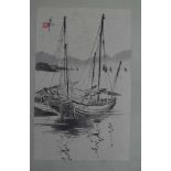 Tuschezeichnung China, Tusche auf Papier, "Fischerboote", li.o.sign., i.R. 38cm x 27cm