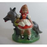 Märchenfigur um 1960, Rotkäppchen und der Wolf, Pappmache bemalt, h. 18cm