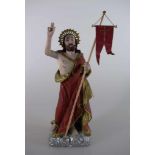 Skulptur "Christus Salvator", 19.Jh., Holz geschnitzt, polychrome Fassung, Fahne u. Stiel