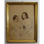 Biedermeier Aquarell um 1820, Portrait von zwei jungen Damen, fleckig, i.R. 35cm x 27cm