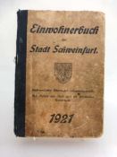 Einwohnerbuch der Stadt Schweinfurt 1921, Pappeinband - Buchrücken besch., 212 Seiten