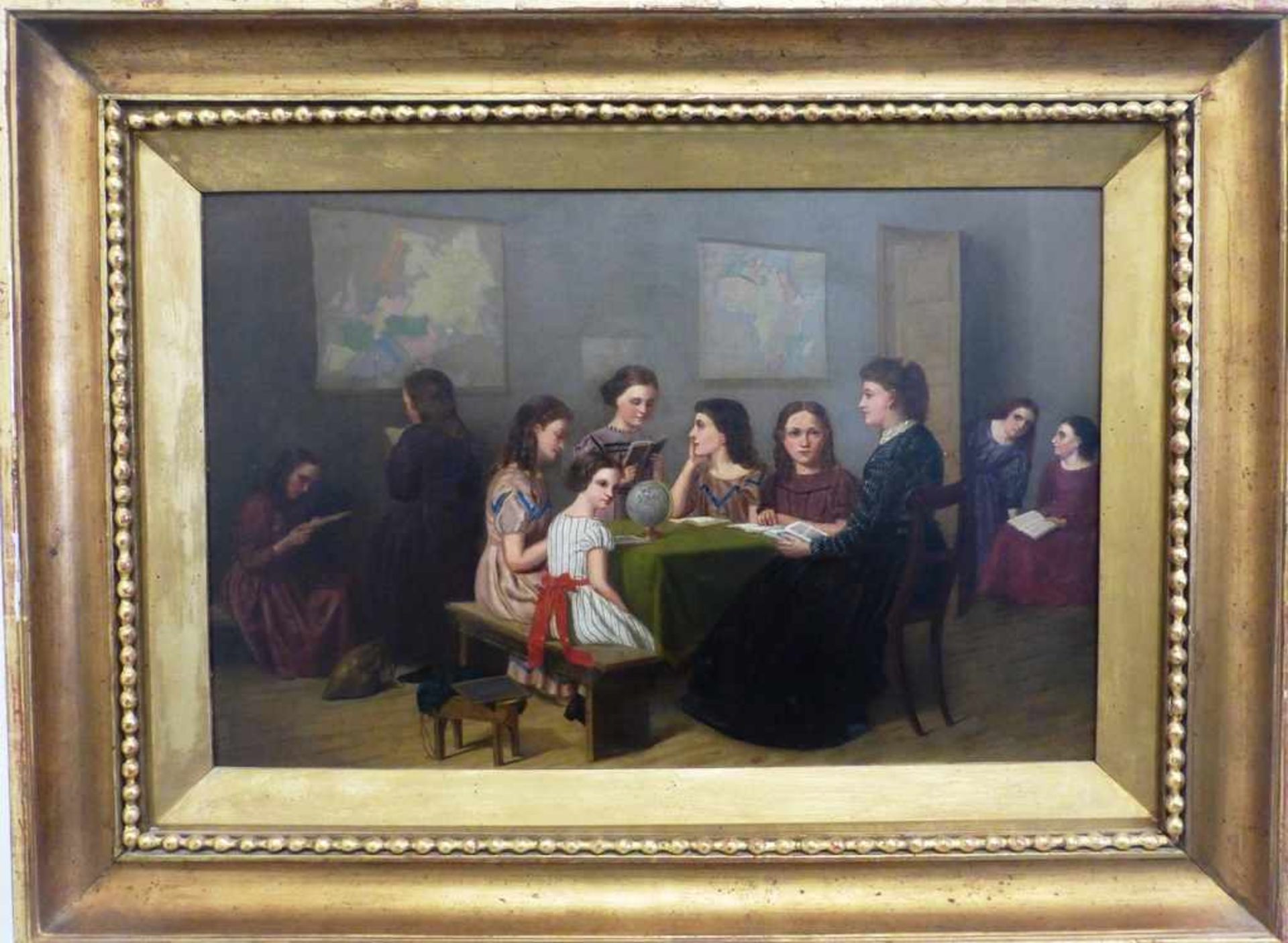 Amerikanischer Maler des 19.Jh., Gemälde Öl/Lw. i.R., Mädchenklasse in der Schule beim Geografie