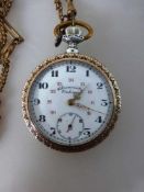 Silberne Schmucktaschenuhr, Chronometre Ordéma, mit vergoldeter Taschenuhrkette mit Anhänger,