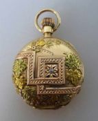 Goldtaschenuhr, Elgin Natl. Watch. Co., Goldgehäuse mit reliefierten Mehrfarbengold - Ornamenten,