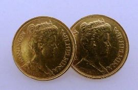 Münzbrosche, 2 Goldmünzen Niederlande "Wilhelmina" 5 Gulden 1912 als Schmucknadel gearbeitet