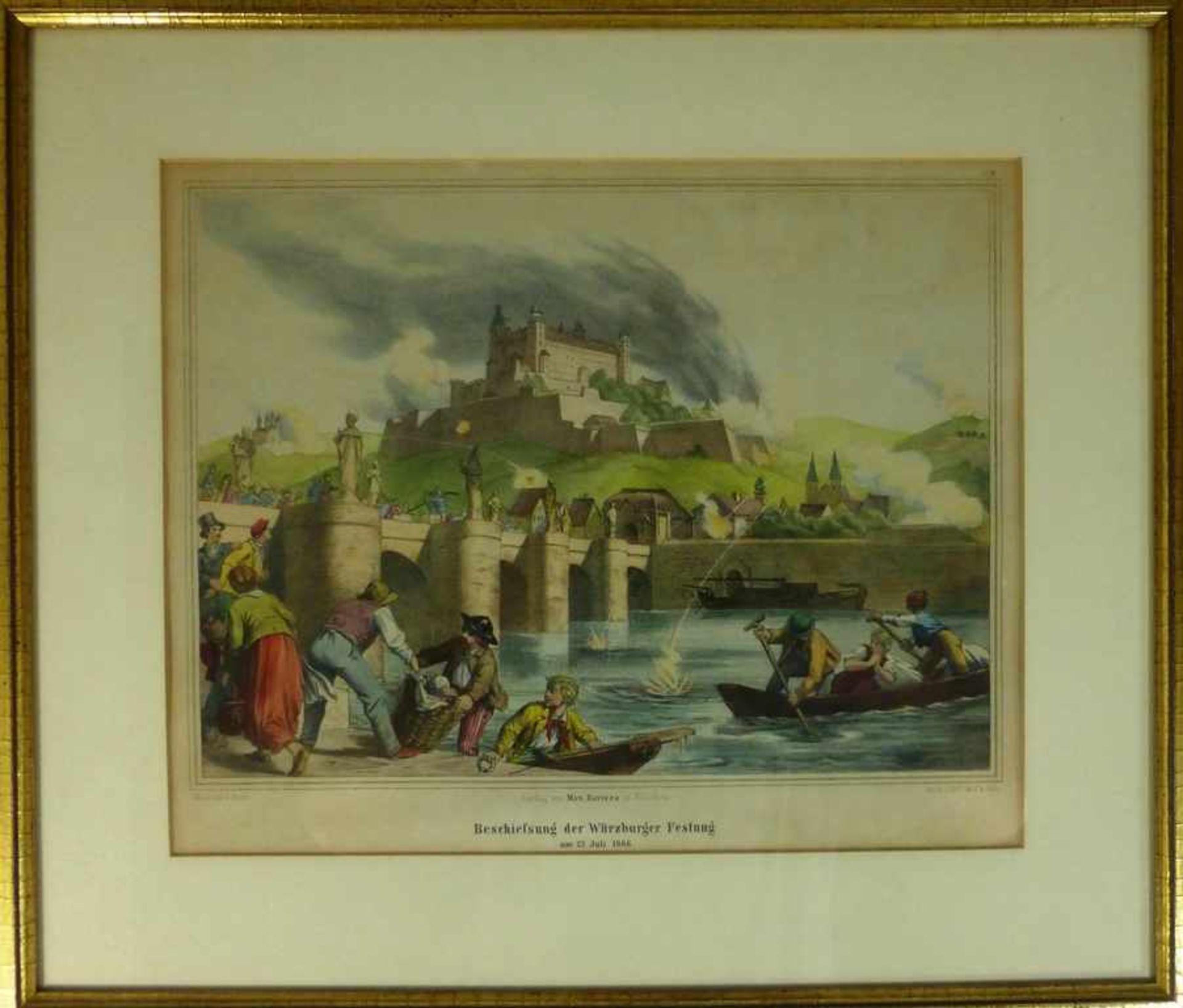 Lithografie "Beschießung der Würzburger Festung am 27. Juli 1866", gest. v. Kraus, Verlag von Max