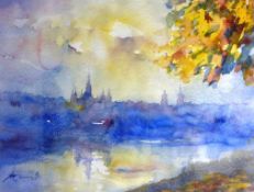 Stang, Lothar (in Würzburg tätiger Künstler), Aquarell, Blick auf die Altstadt von Würzburg im