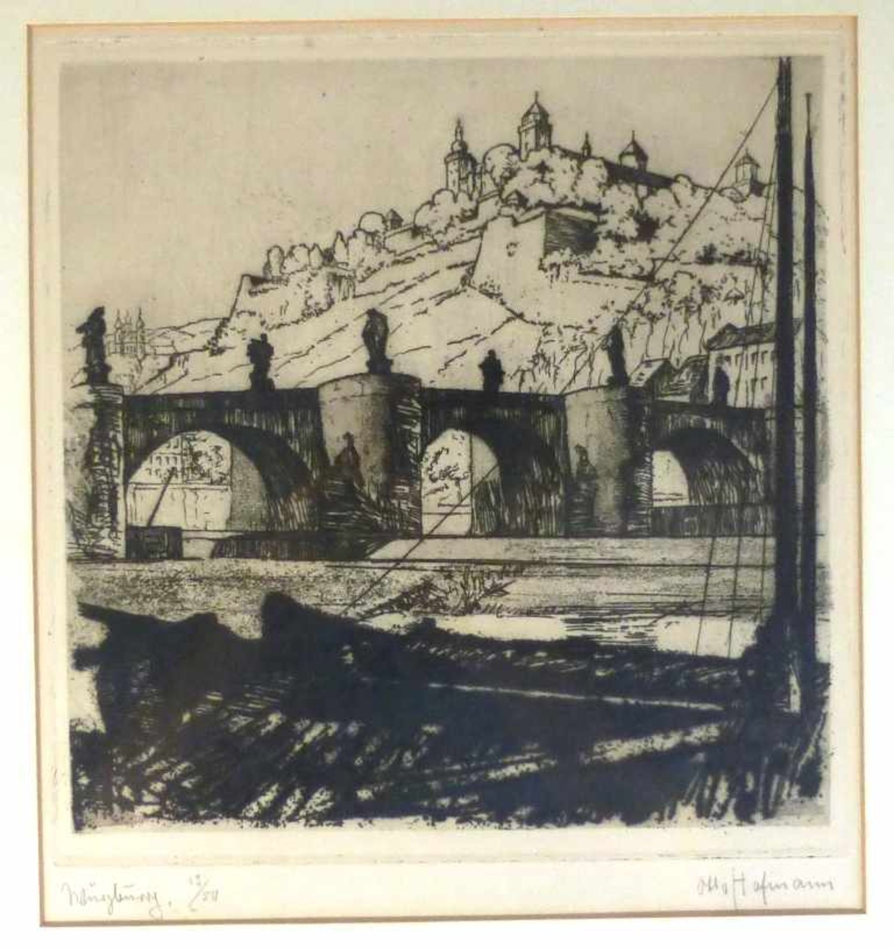 Hofmann, Otto (1907 Essen - 1996 Pompeiana/Italien), Radierung, Blick auf die Alte Mainbrücke und