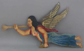 Schwebender Engel mit Posaune, Metallblech polychrom gefasst, um 1930, ca. 118cm x 70cm