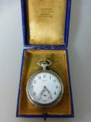 Longines Silbertaschenuhr, Werkschale ist mit einer Dorflandschaft graviert, Zifferblatt mit arab.