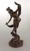 Jugendstil Skulptur, Stehende Frau in tanzender Pose, bez. "La Secession", min. besch., Zinkguss