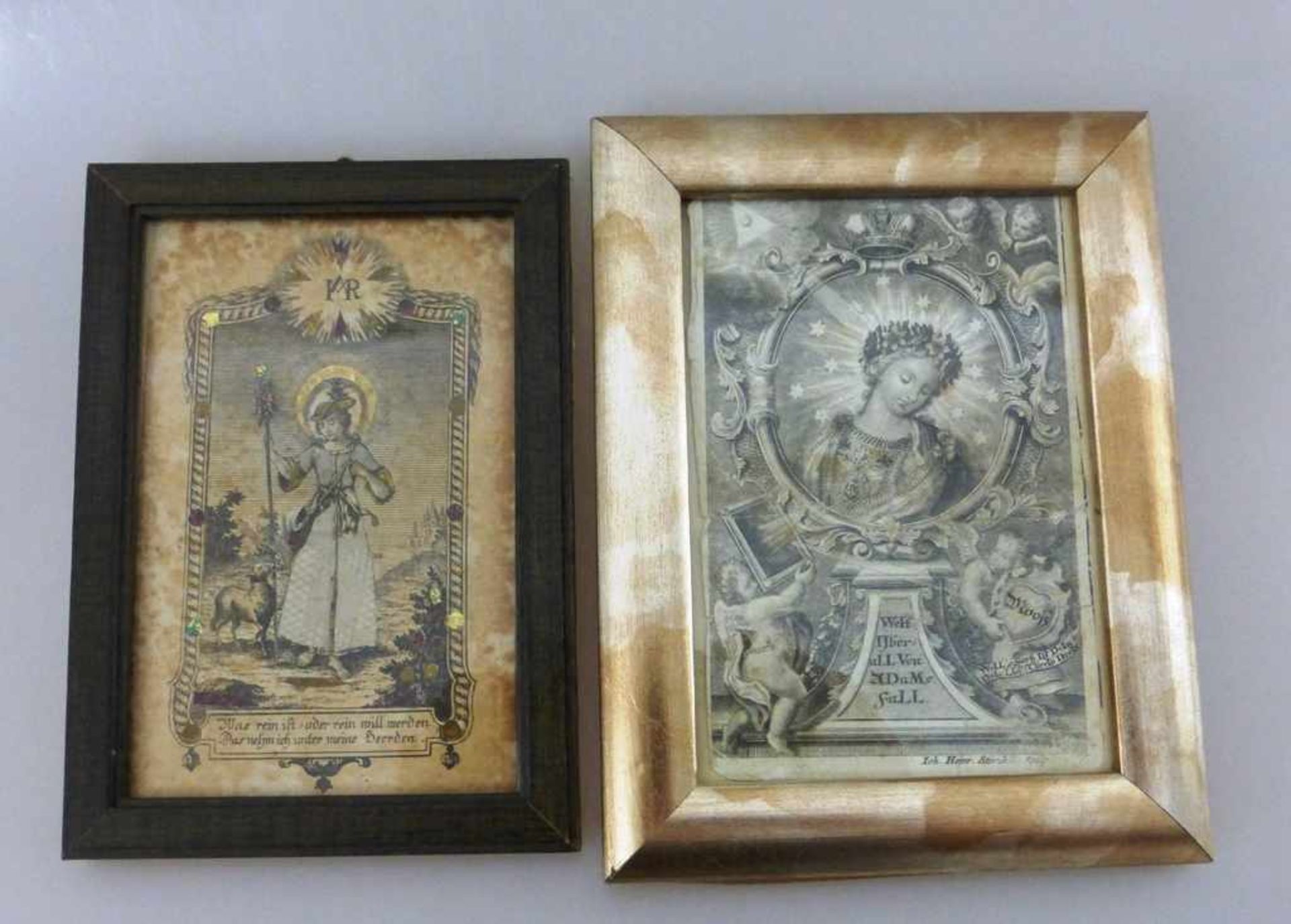 2 religiöse Kupferstiche, 18.Jh., "Der gute Hirte" und "Hl. Maria", i.R. je ca. 17cm x 12cm
