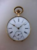 Goldtaschenuhr, Goldgehäuse Feingehalt 585, gut erhaltenes Zifferblatt mit röm. Zahlen, kl.Sek.,