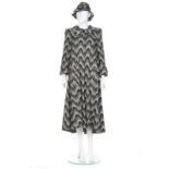 A Biba tapestry weave jersey grey coat and hat, circa 1973-75, printed satin art-nouveau label,