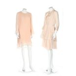 A group of summery designer-wear, modern, six ensembles comprising: Chloe goffered pink dress,